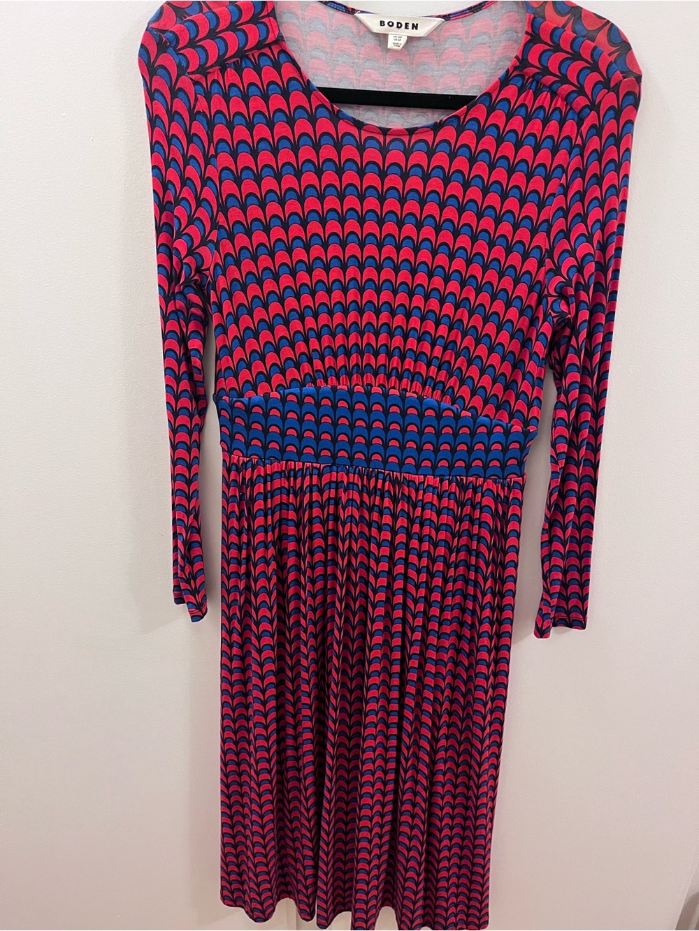 Boden Scallop Print Midi Dress Red and Blue Long-Sleeve Fit-and-Flare Dress - 6P